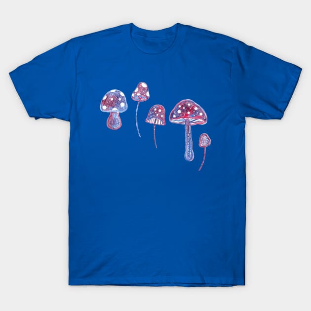 Blue and Red Fantasy Mushrooms T-Shirt by Neginmf